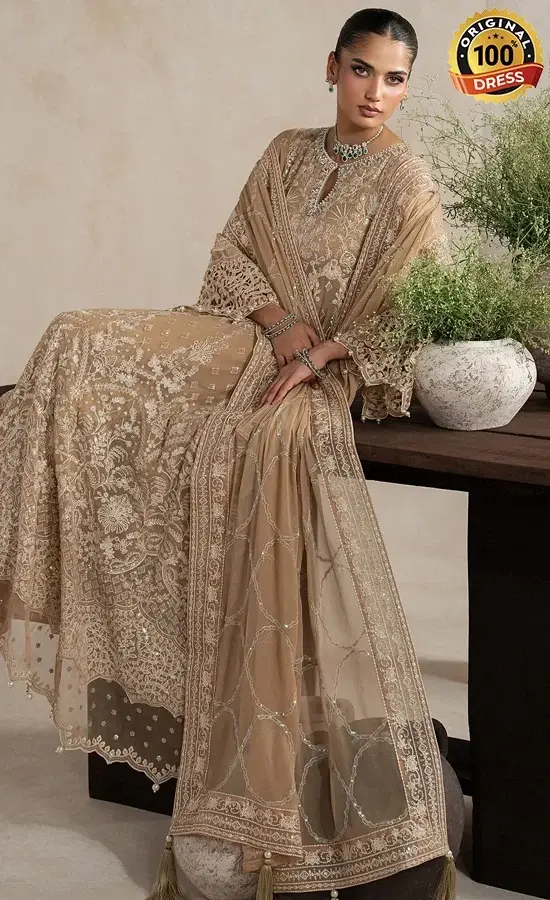 Pakistani golden Anarkali dress for wedding guests with embroidered chiffon and elegant formal finishing