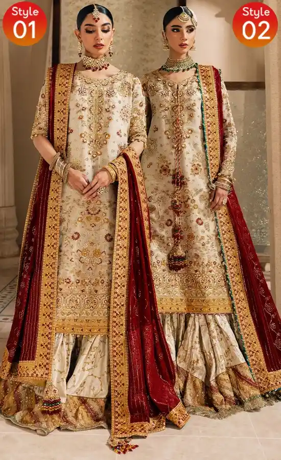 White gharara suit for wedding guests with elegant embroidery and chiffon detailing