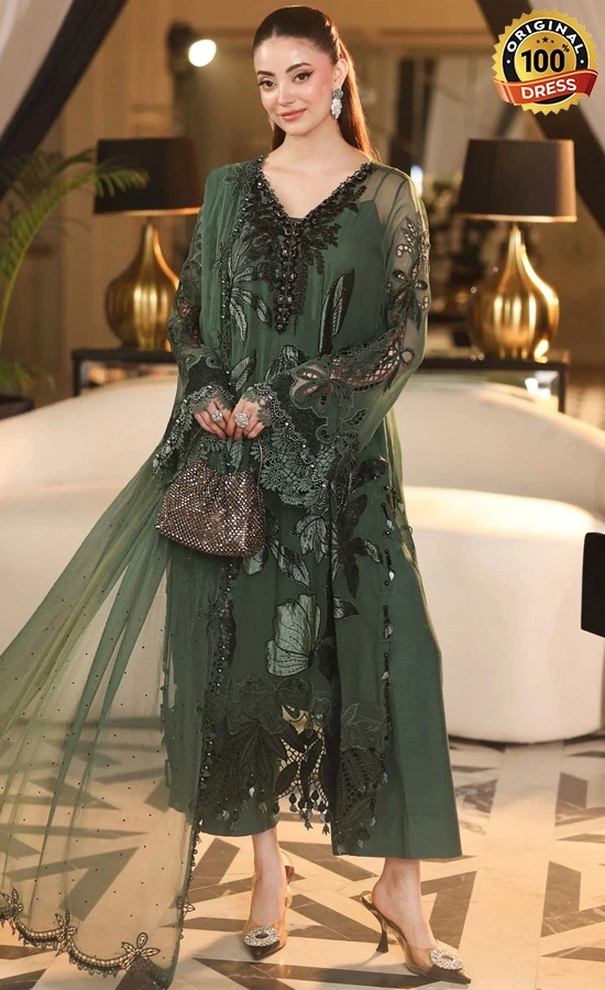 Dark green salwar kameez for wedding guests with elegant hand embroidery and organza detailing