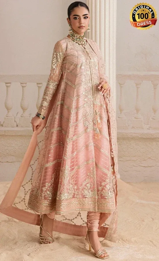 Embroidered peach shalwar kameez for wedding guests from the La fuchsia 24 collection