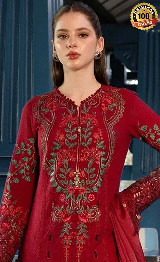 Embroidered red salwar suit for wedding guests with jacquard lawn, patchwork and tassel detailing