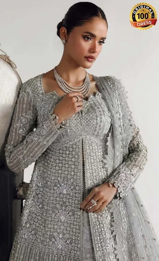 Pakistani grey maxi dress for wedding guests with detailed embroidery and graceful formal styling