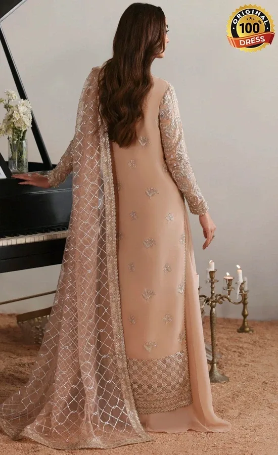 Pink chiffon salwar kameez with hand embroidery, net bottom and graceful formal styling