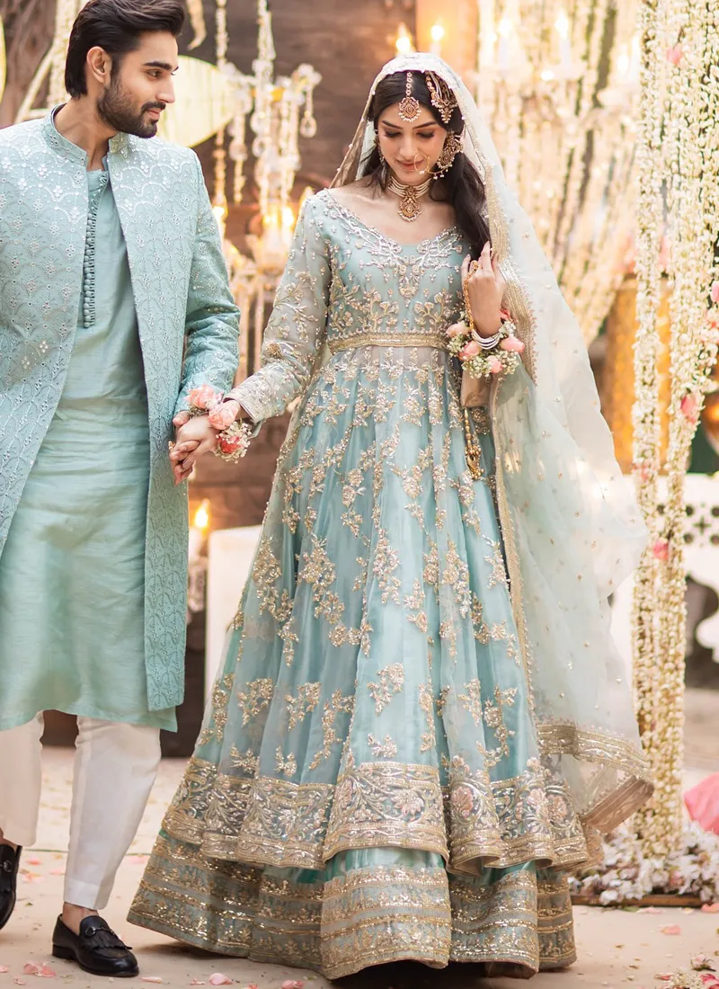 Sea Blue and Gold Bridal Lehenga