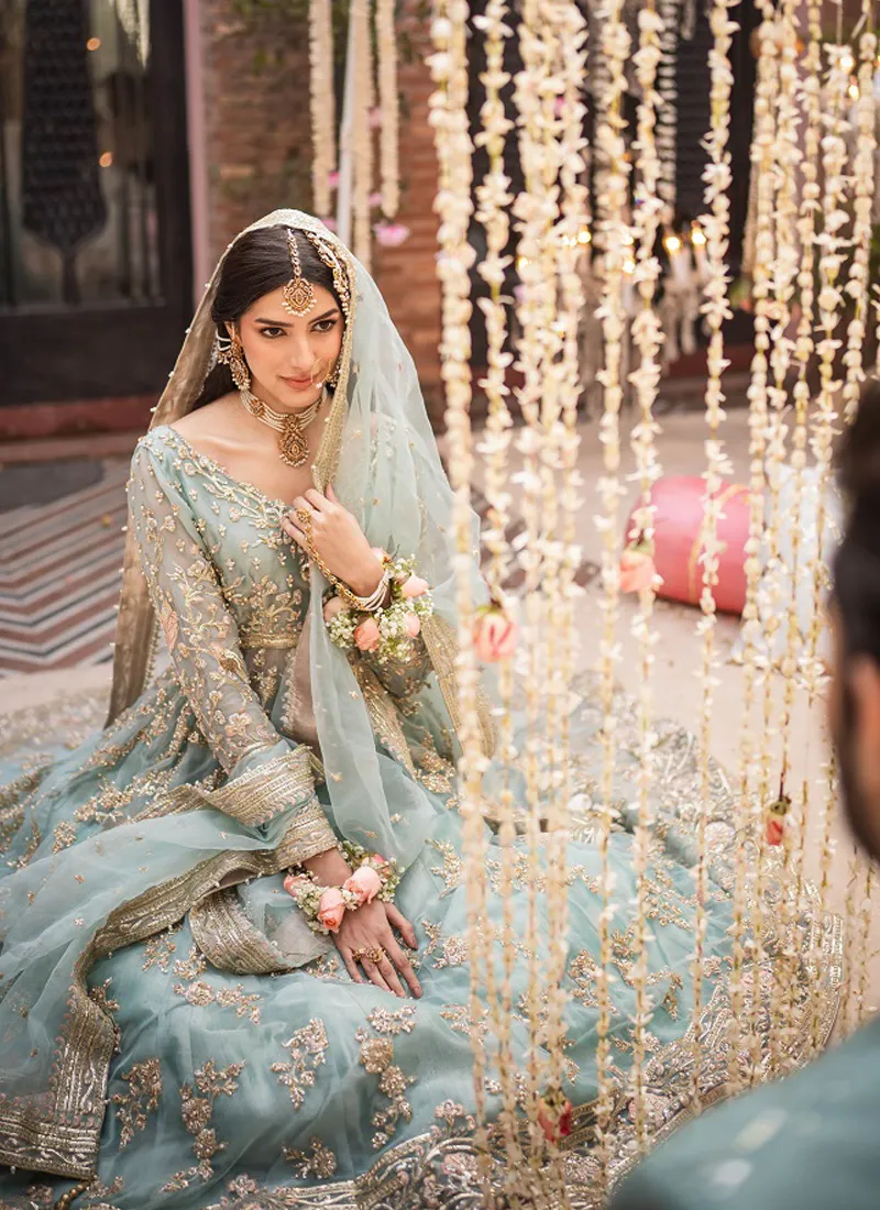 Sea Blue and Gold Bridal Lehenga
