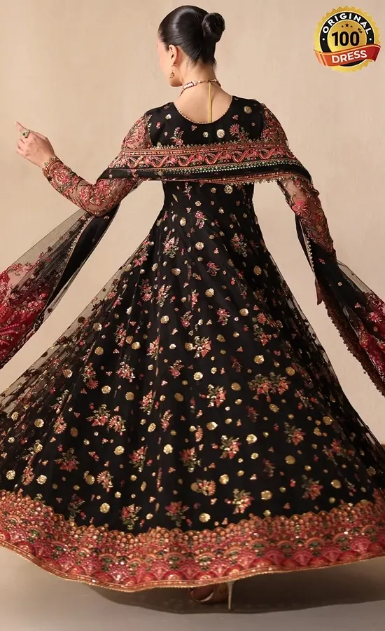 Black embroidered Anarkali maxi dress with chatta patti, sequins and intricate embellishments