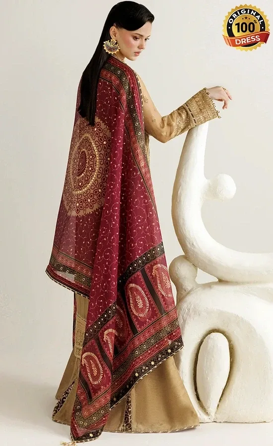 Brown embroidered shalwar kameez with 3D flowers, chatta patti and festive styling