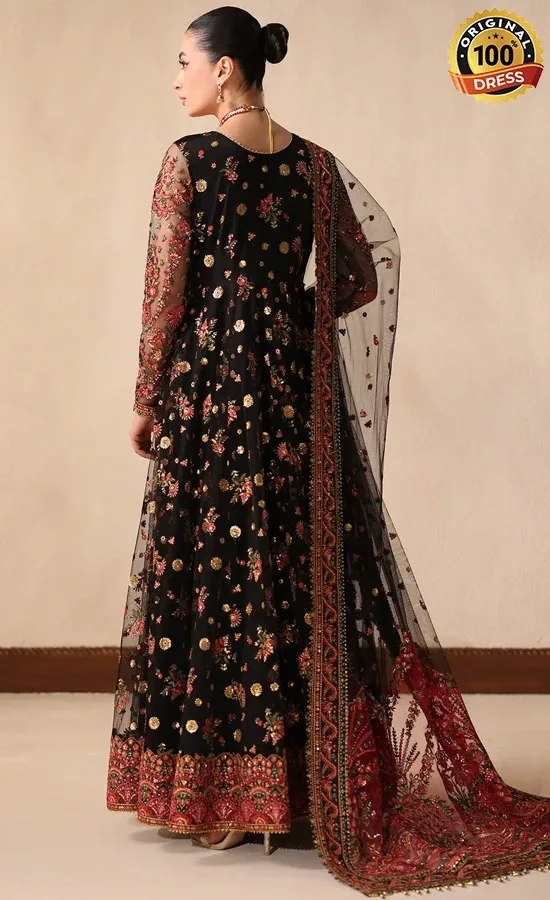 Embroidered black Anarkali dress for wedding guests with sequinned work and pearl detailing