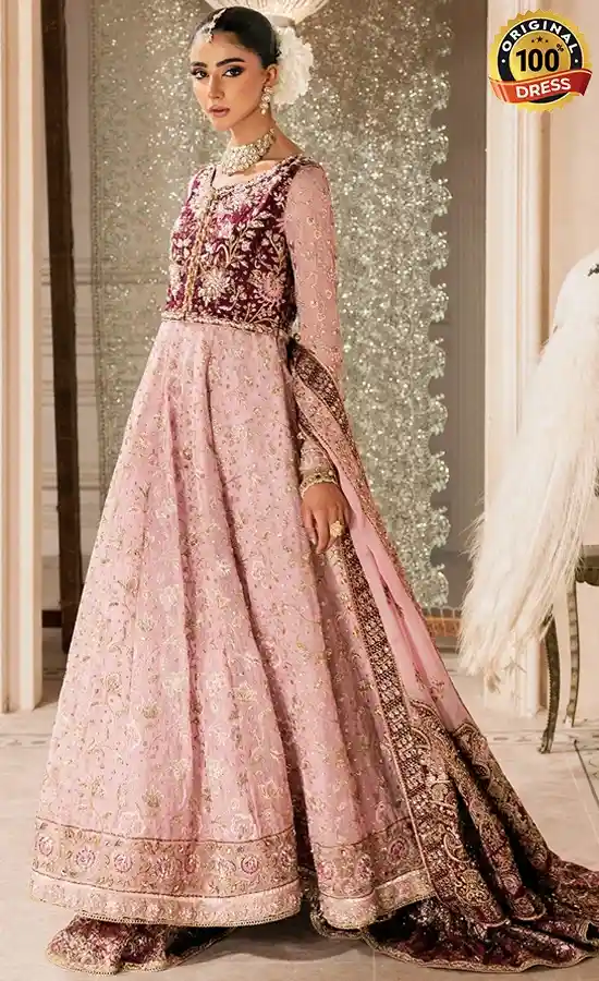 Embroidered pink Anarkali dress for wedding guests with detailed handcrafted embellishments