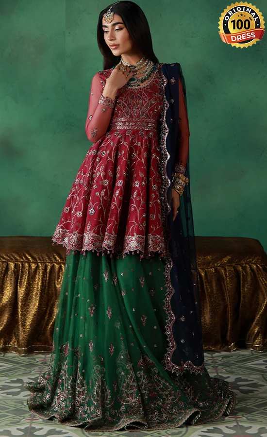 Green sharara for wedding guests with elegant embroidery and patchwork detailing