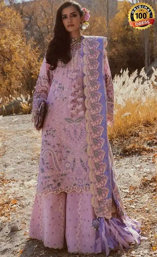 Lilac colour shalwar kameez for wedding guests with elegant embroidery and organza detailing