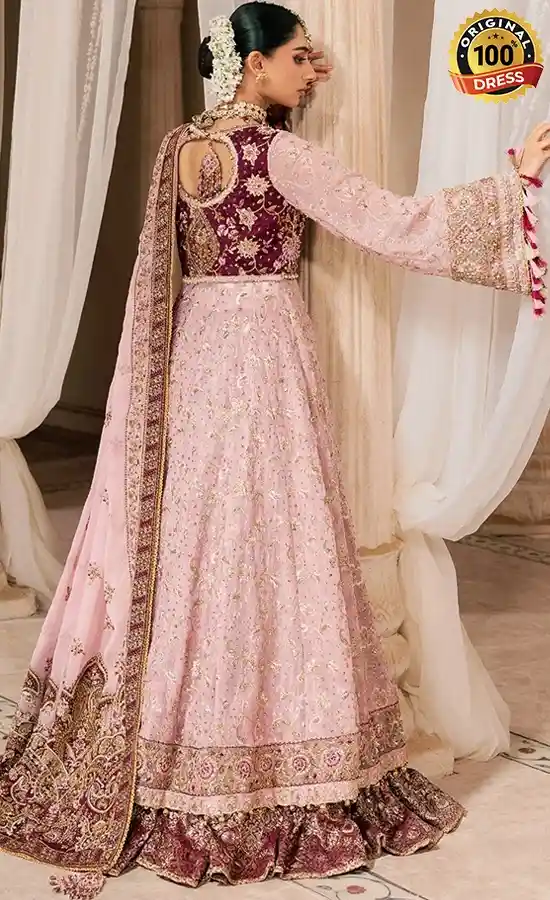 Luxury pink embroidered Anarkali dress with traditional detailing and elegant wedding wear styling