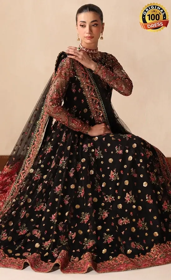 Pakistani black Anarkali dress for wedding guests with embroidered net and graceful formal styling