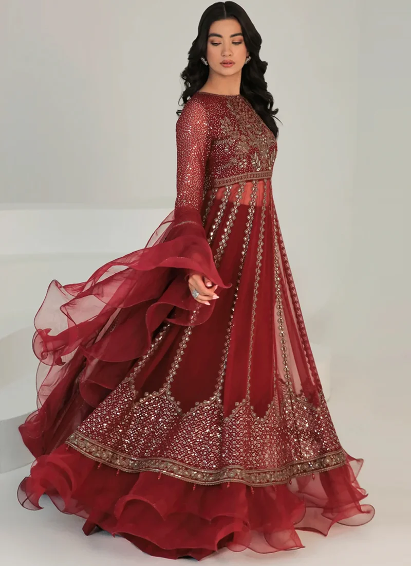 Maroon lehenga choli with embroidered chiffon, sequins and handcrafted floral detailing