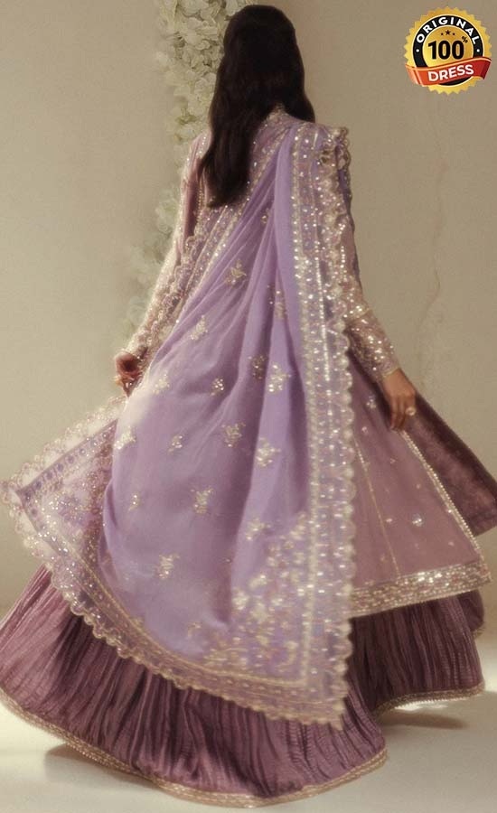 Embroidered purple sharara dress with patchwork, tassels and delicate lace detailing