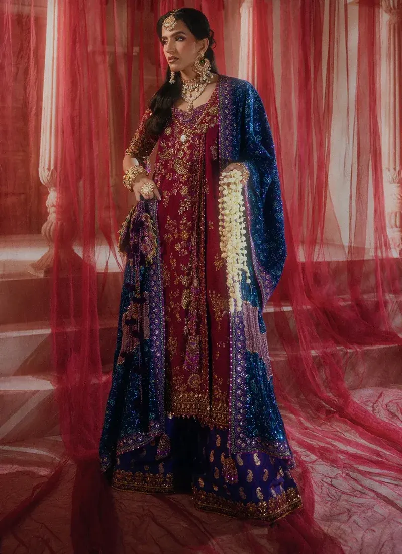 Royal blue shalwar kameez with embroidered Katan silk panels and organza neckline finishing