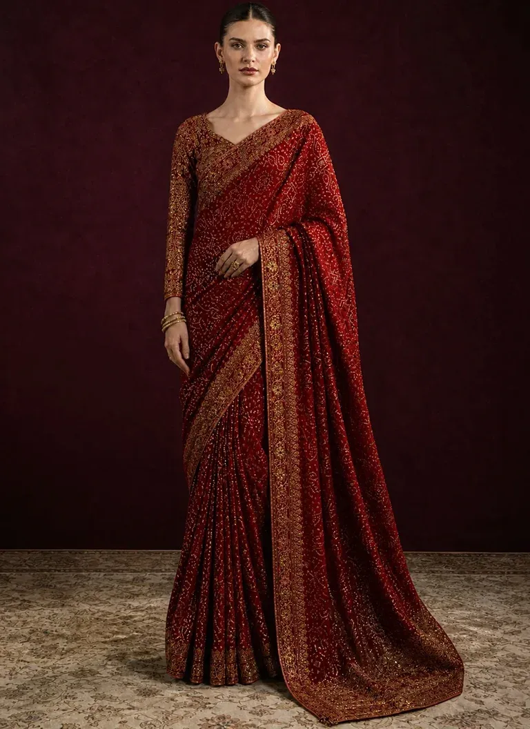 Maroon Colour Saree with Blouse for Wedding Guests Maroon colour saree with matching embroidered silk blouse for wedding guests, featuring traditional embroidery and tassel detailing
