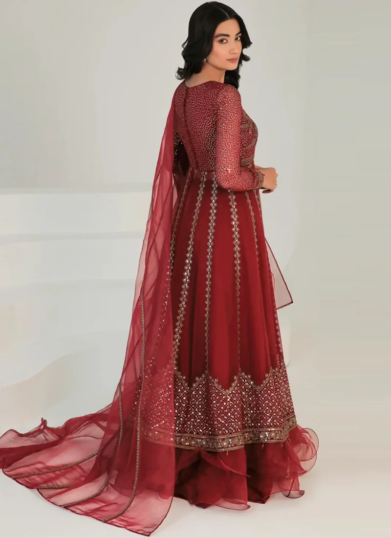 Maroon lehenga for wedding guests with embroidered chiffon, hand embroidery and elegant tassel detailing
