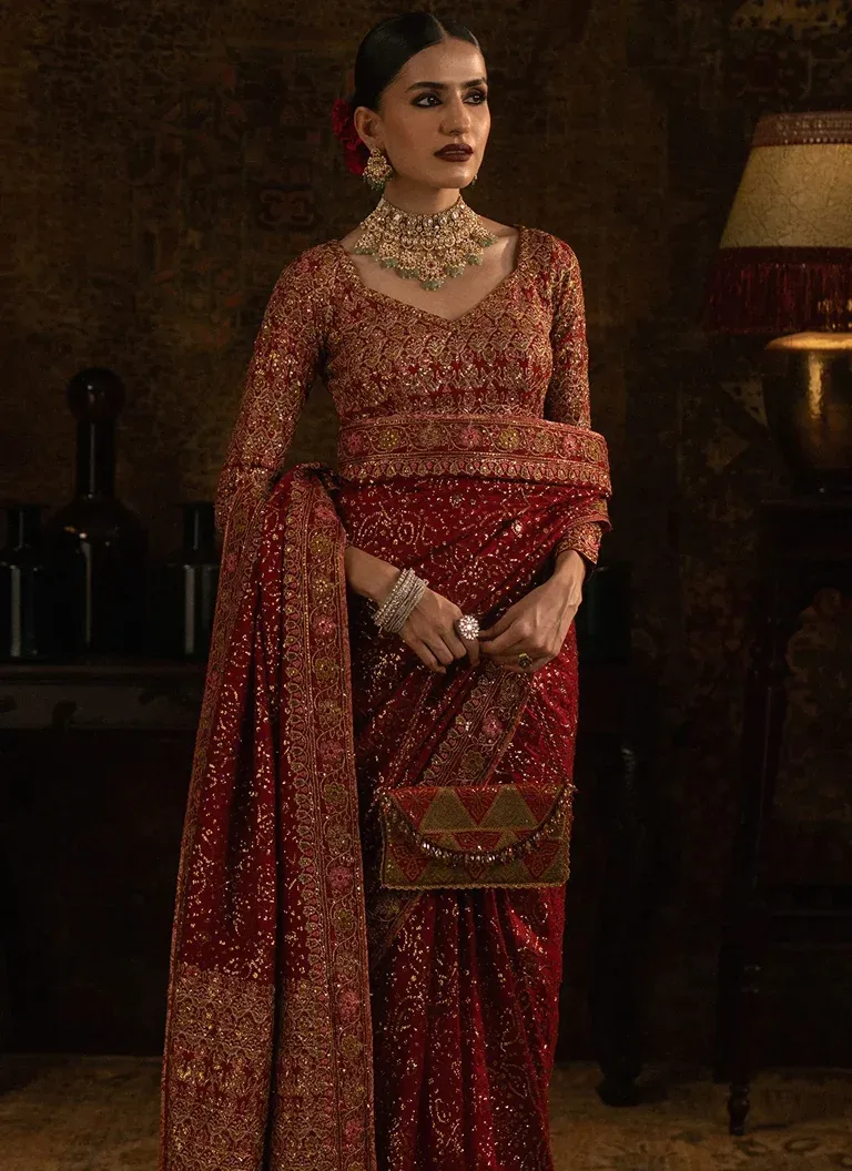 Pakistani maroon wedding guest saree featuring 3D floral embellishments, embroidered silk pallu and elegant traditional detailing