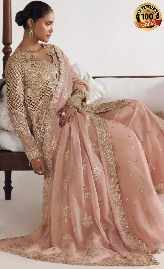 Peach organza lehenga choli with patchwork, sequinned lace and hand embellished detailing