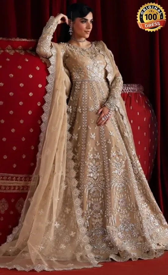 Embroidered brown maxi dress for wedding guests with patchwork and refined detailing