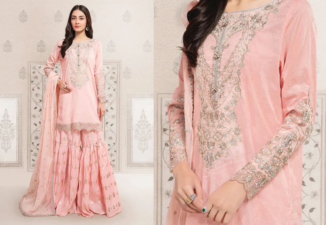 Hand-embroidered Kurti with Self-Printed Gharara