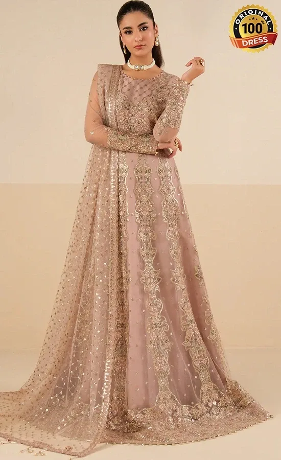 Light Pink Maxi Dress For Wedding Guests Light pink embroidered maxi dress with silk detailing and elegant wedding wear design
