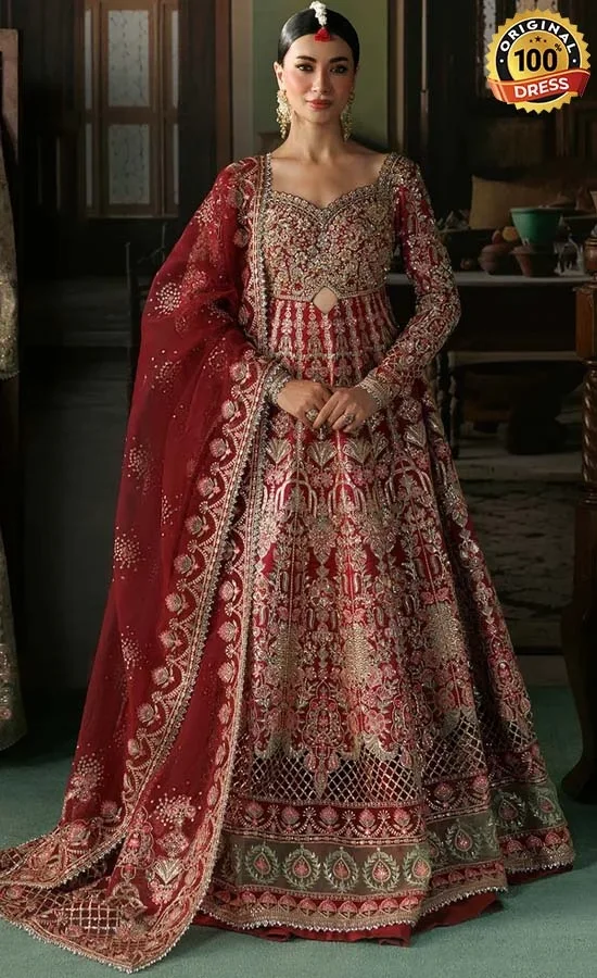 Maroon Anarkali suit for wedding guests with elegant hand embroidery and raw silk fabric