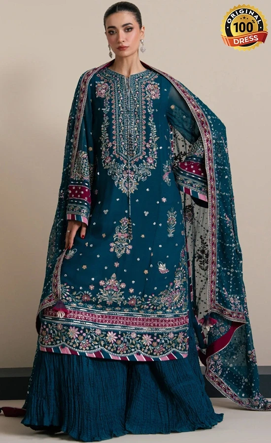 Navy blue salwar kameez for wedding guests with elegant hand embroidery and chiffon detailing