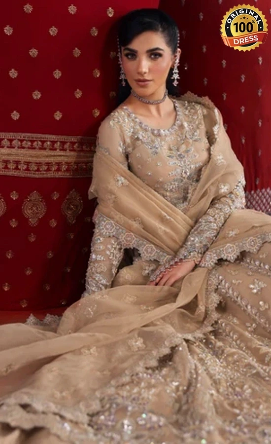 Pakistani brown maxi dress for wedding guests with intricate embroidery and graceful formal styling