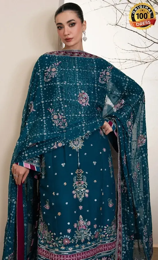 Pakistani navy blue salwar kameez for wedding guests with embroidered chiffon and graceful formal styling