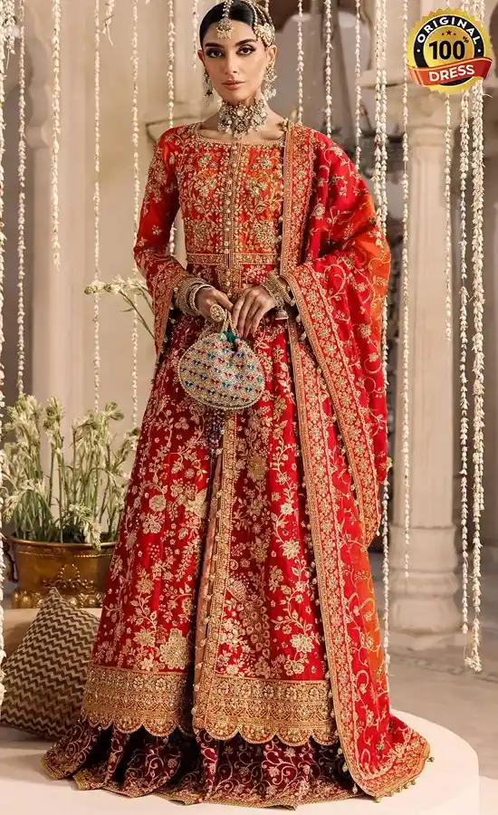 Pakistani orange bridesmaid dress with embroidered silk and elegant formal styling