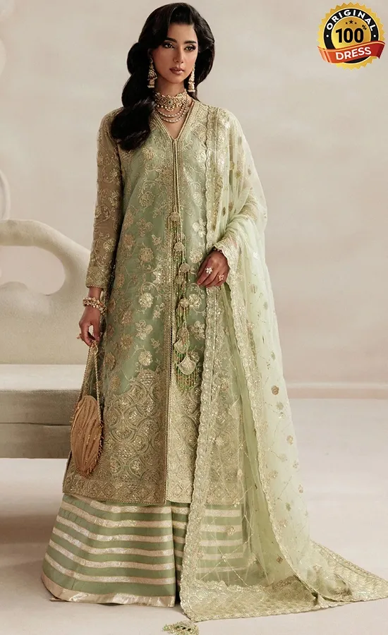 Sage green salwar kameez for wedding guests with elegant hand embroidery and organza detailing