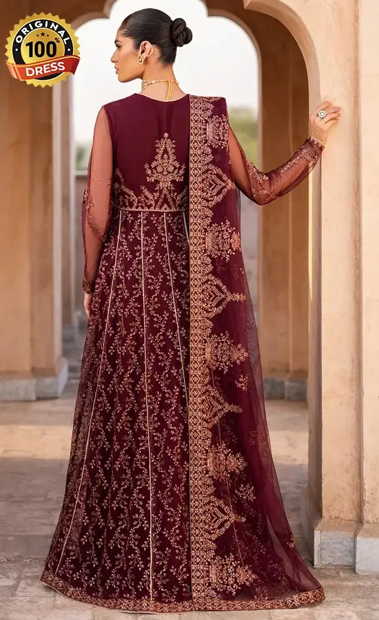 Burgundy net saree with hand embroidery, tassels and shuttle lace detailing