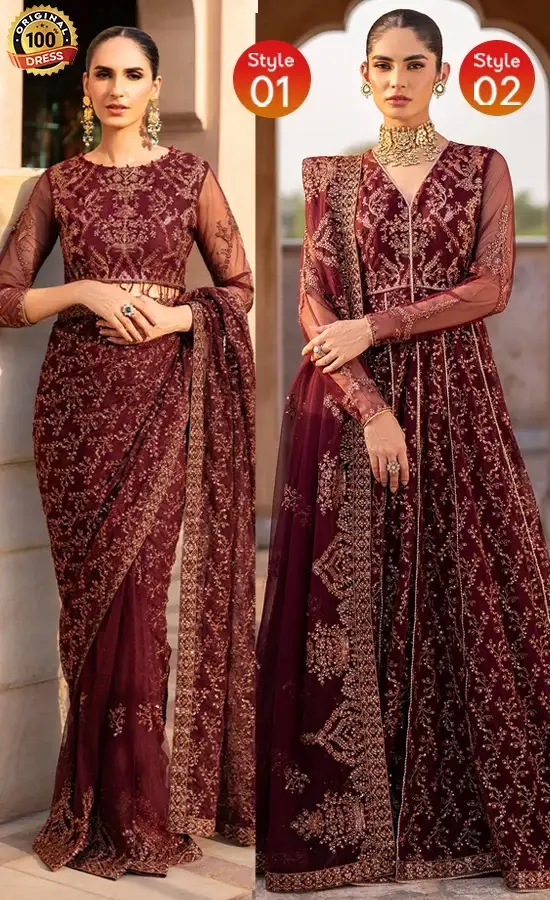 Burgundy Saree For Wedding Guests Burgundy saree for wedding guests with hand embroidery and elegant net detailing