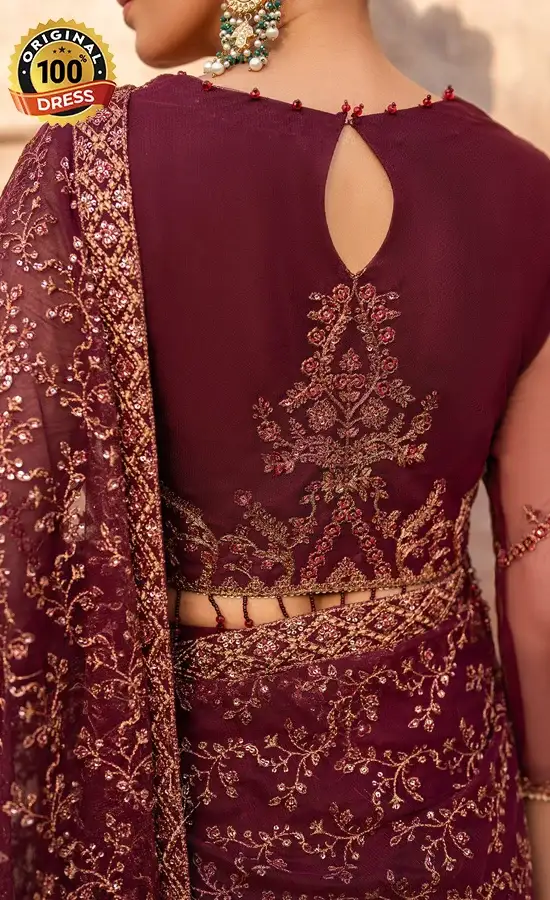 Embroidered burgundy net saree for wedding guests from Nooresha Collection 2025