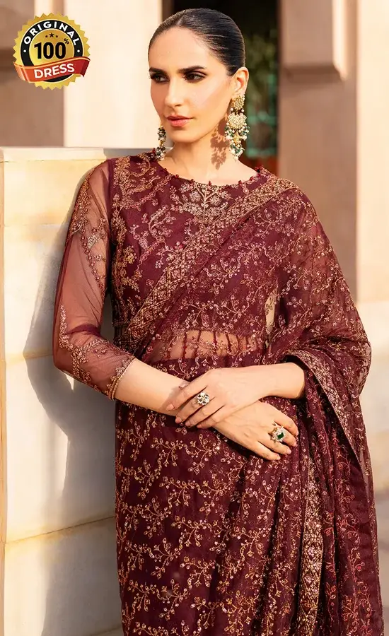 Elegant Pakistani burgundy saree for wedding guests with embroidered net work