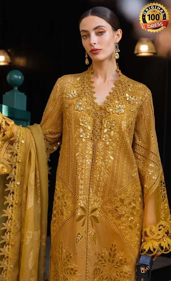 Pakistani Haldi dress for women with embroidered lawn, 3D flowers and tassel detailing