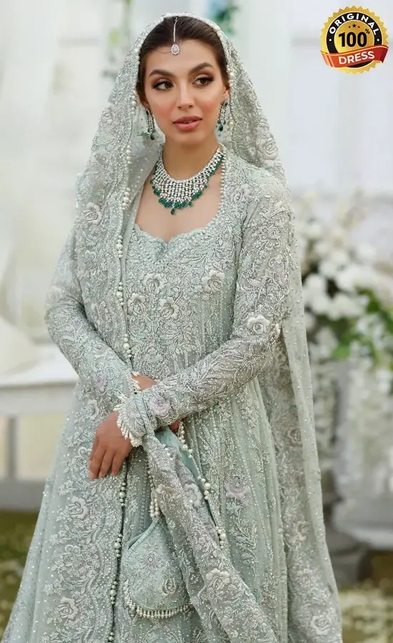 Aqua Nikkah bridal lehenga dress with intricate hand embroidery and graceful Eastern bridal design