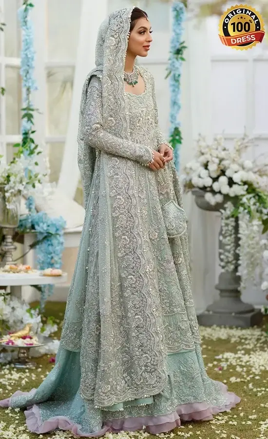 Pakistani aqua bridal frock with lehenga featuring detailed hand embroidery and luxury wedding wear finishing
