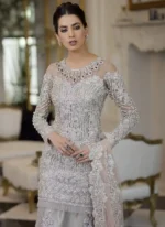 Gray Silver Bridal Lehenga with Trail