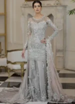 Gray Silver Bridal Lehenga with Trail