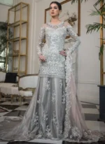 Gray Silver Bridal Lehenga with Trail