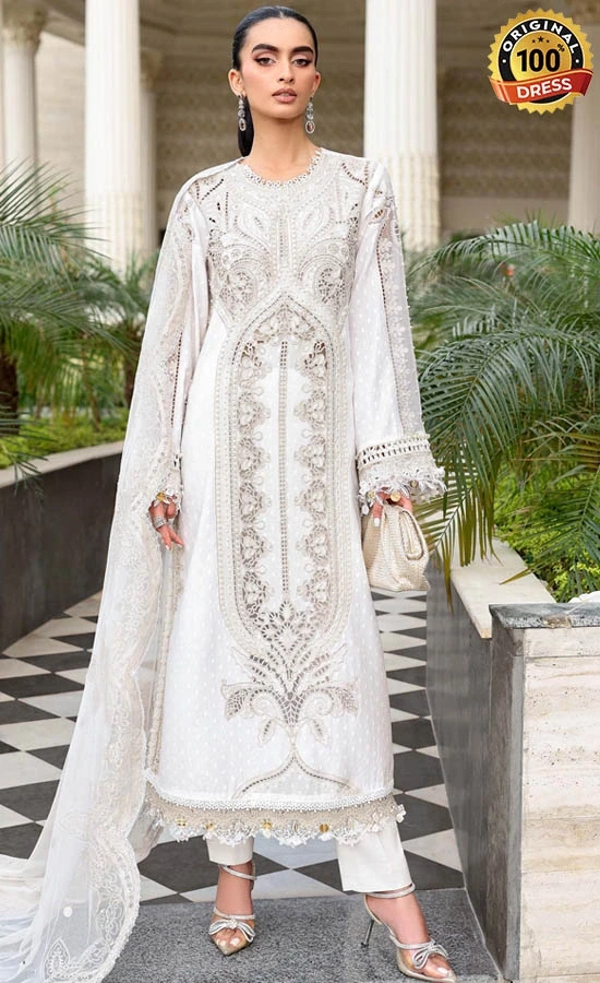 White Indian suit for wedding guests with elegant hand embroidery and lawn fabric