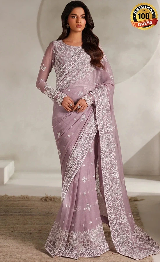 Chiffon saree for wedding guests with elegant hand embroidery