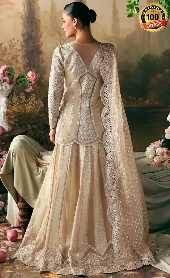 Embroidered Beige Wedding Guest Lehenga