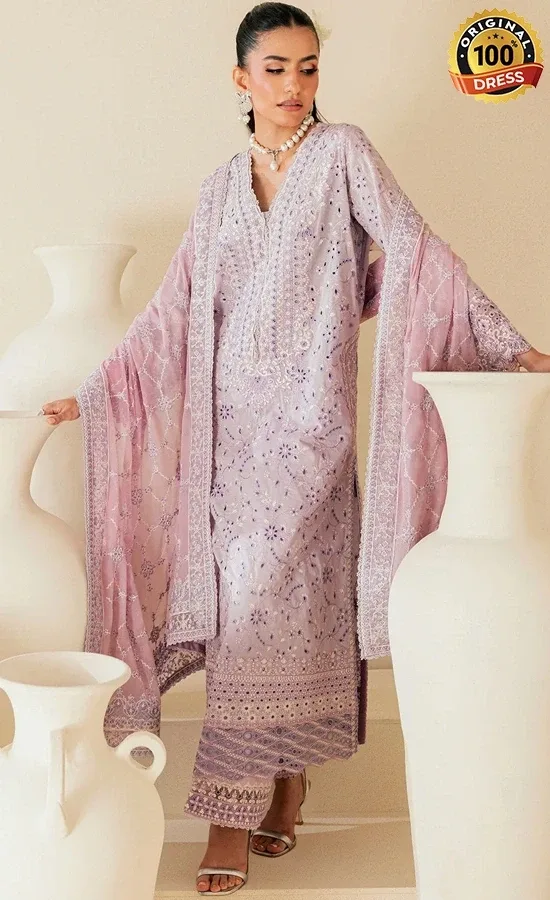 Pakistani lilac shalwar kameez for wedding guests with embroidered lawn and detailed finishing
