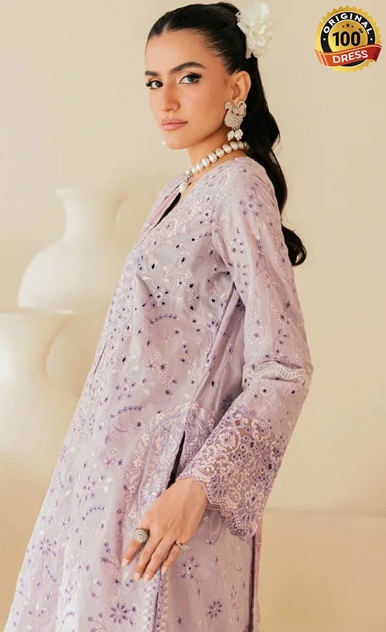 Lilac embroidered shalwar kameez with tassels and sequinned lace detailing
