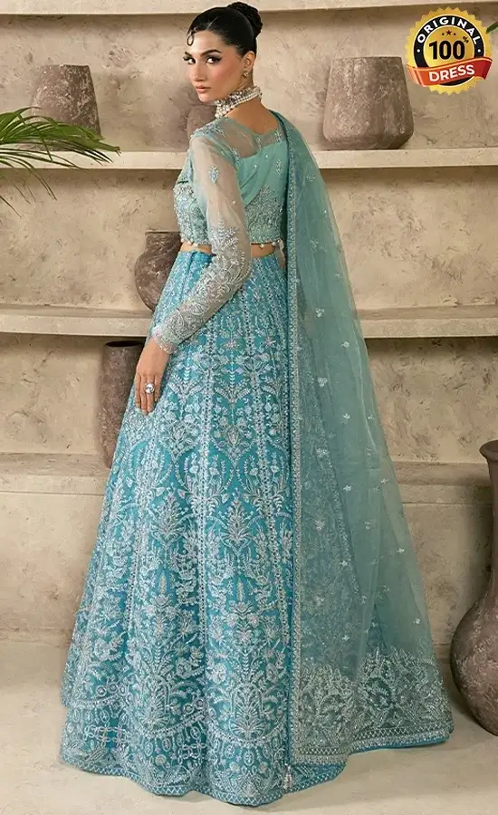 Pakistani teal lehenga for wedding guests with intricate embroidery and elegant wedding wear detailing
