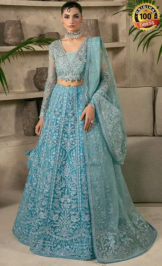 Teal Lehenga For Wedding Guests Teal lehenga for wedding guests with elegant hand embroidery and organza detailing